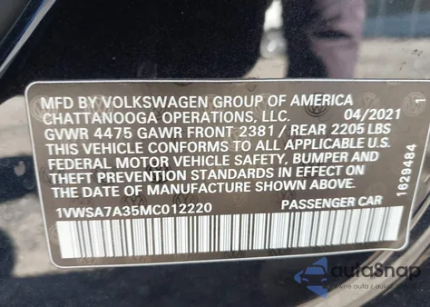2021 Volkswagen Passat 2.0T Se from USA, damaged, VIN 1VWSA7A35MC012220